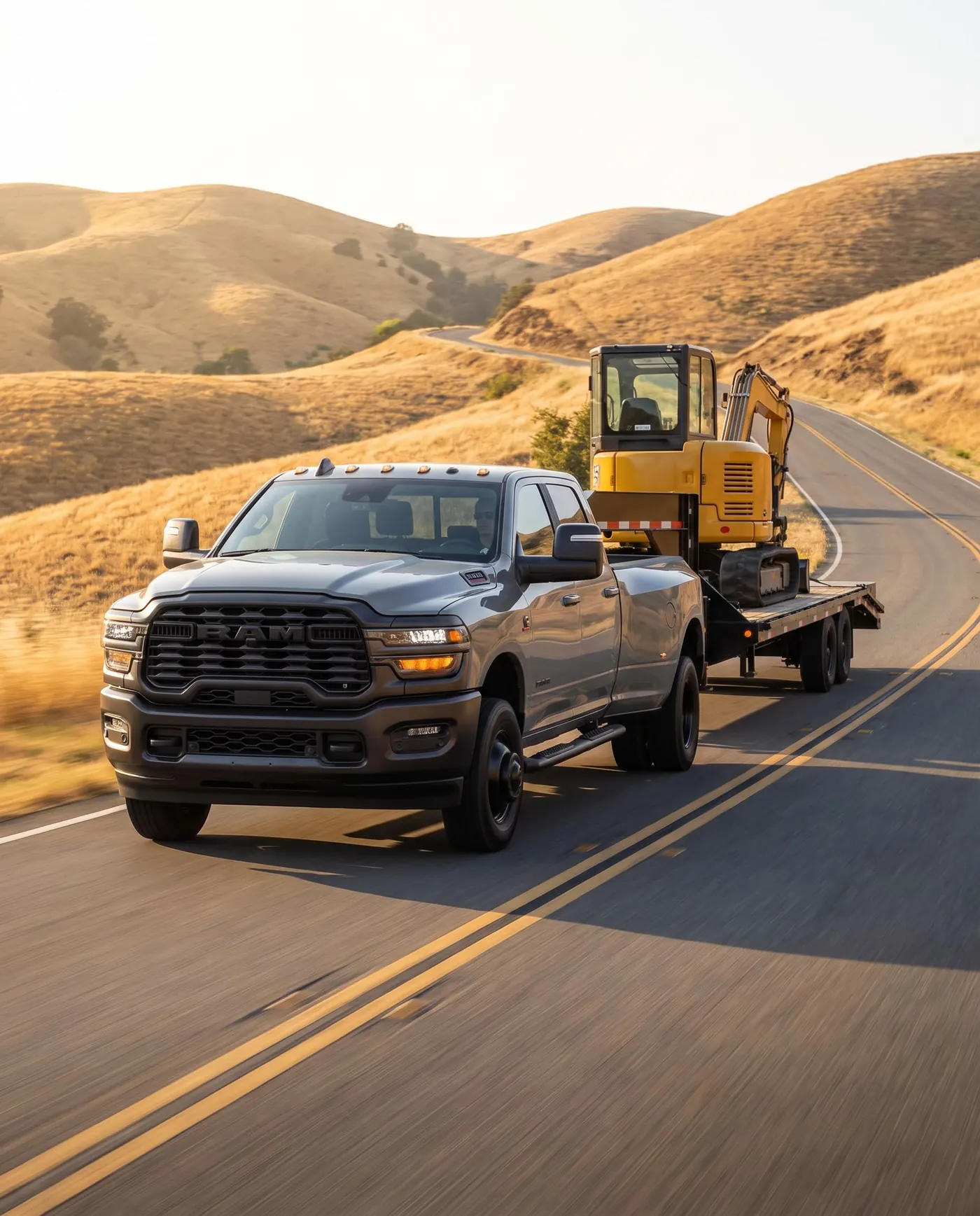 Ram 3500 dually pulling a gooseneck flatbed with a mini excavator up a highway grade